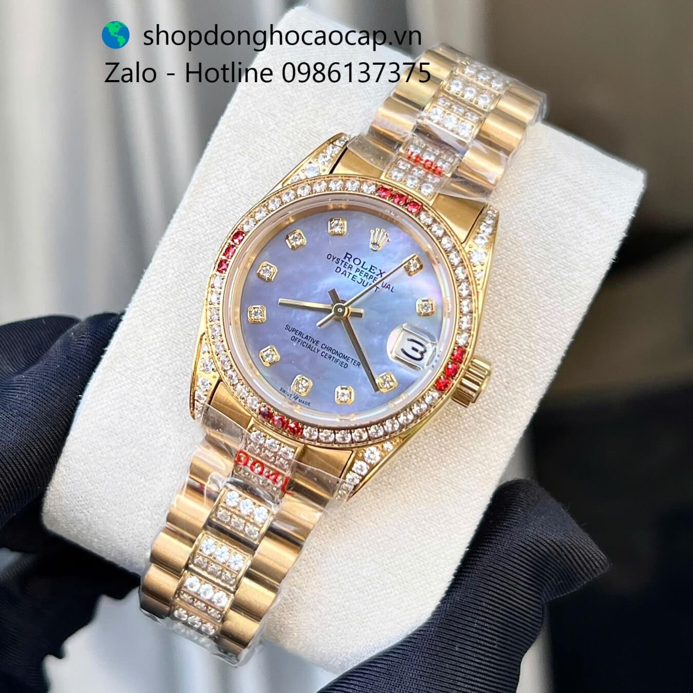Đồng hồ RoLex Datejust nữ dây vàng gold mặt xà cừ tím xanh đính đá size 31mm, Rolex Quartz nữ siêu cấp