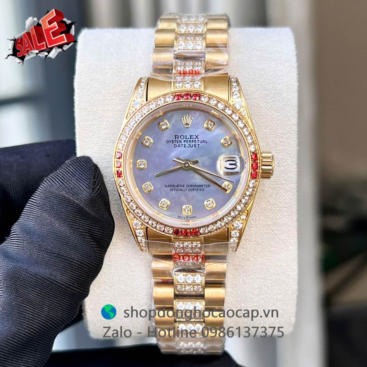 Đồng hồ RoLex Datejust nữ dây vàng gold mặt xà cừ tím xanh đính đá size 31mm, Rolex Quartz nữ siêu cấp