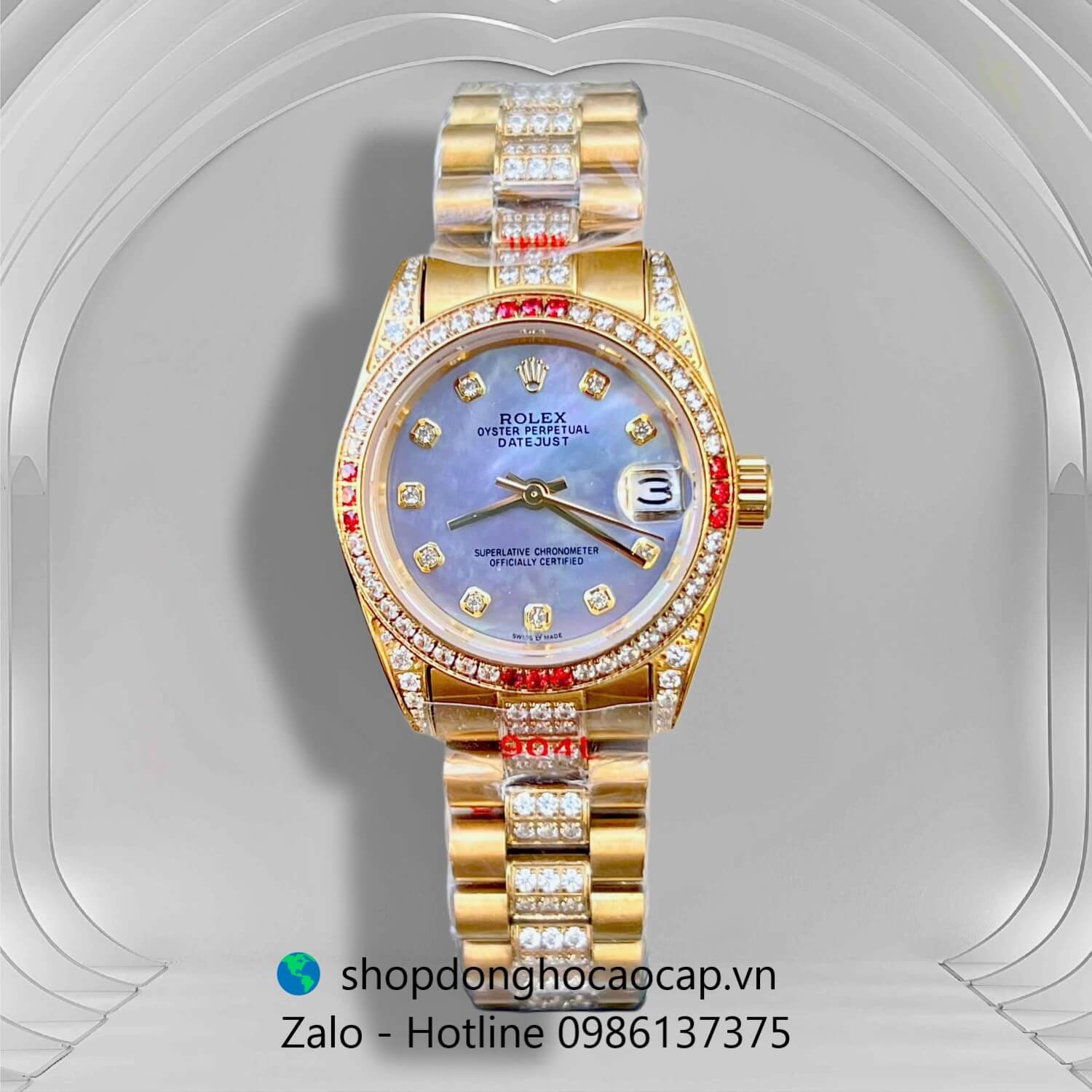 Đồng hồ RoLex Datejust nữ dây vàng gold mặt xà cừ tím xanh đính đá size 31mm, Rolex Quartz nữ siêu cấp