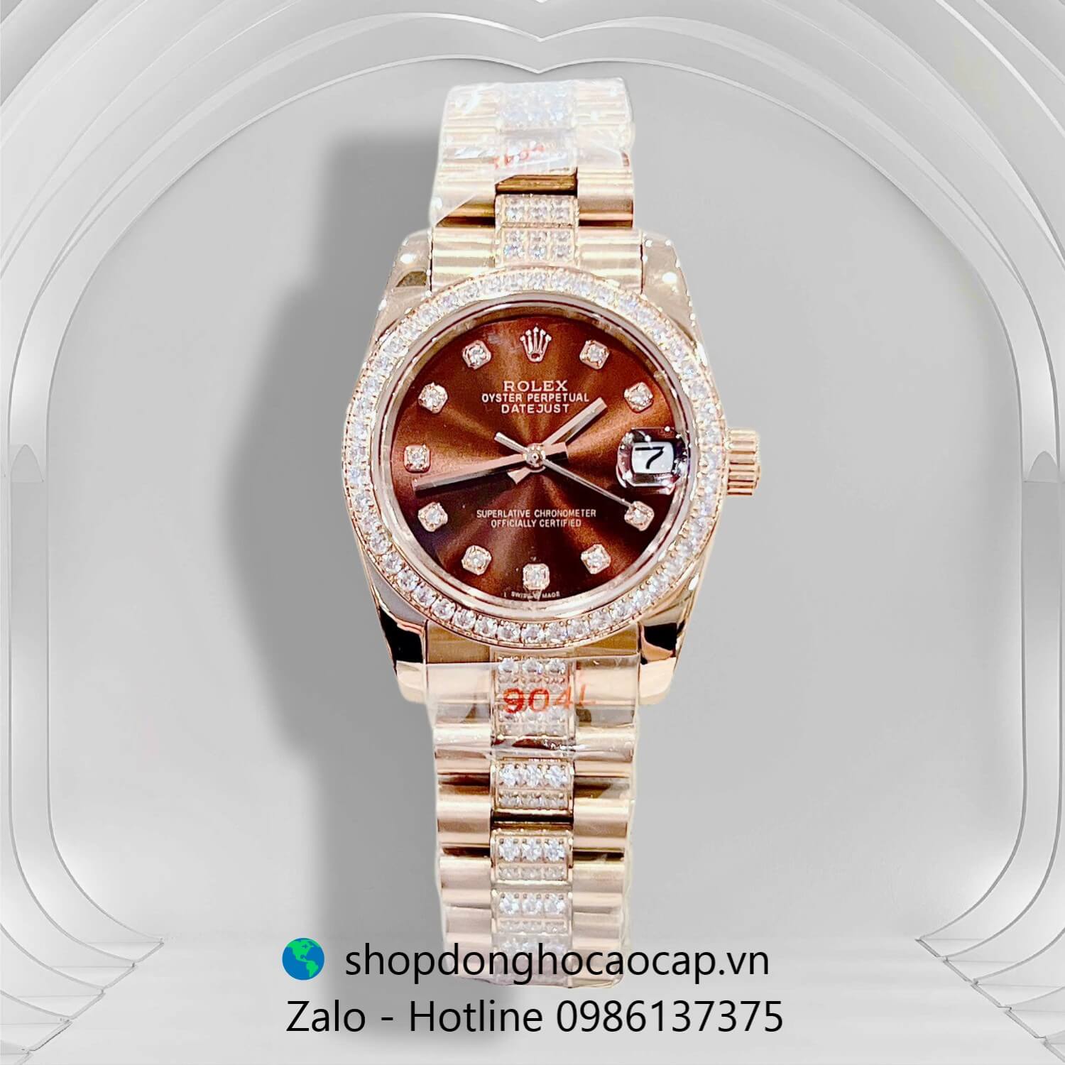 Đồng hồ RoLex Datejust nữ dây vàng hồng mặt nâu đính đá size 31mm, Rolex Quartz nữ siêu cấp