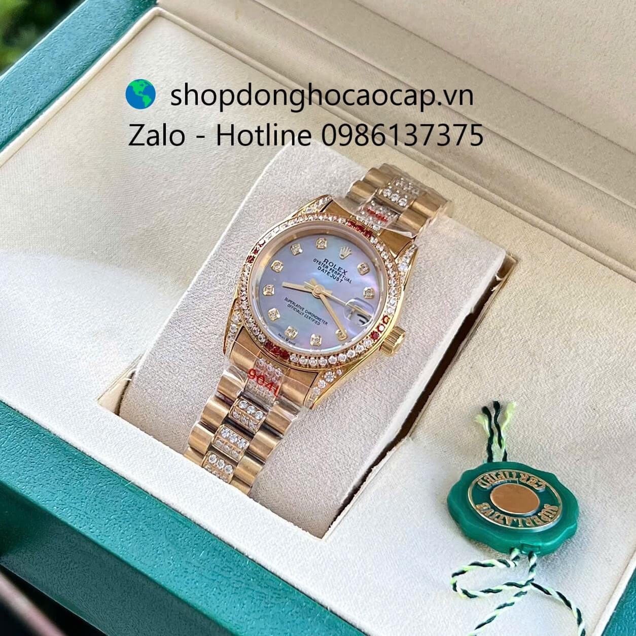 Đồng hồ RoLex Datejust nữ dây vàng gold mặt xà cừ tím xanh đính đá size 31mm, Rolex Quartz nữ siêu cấp