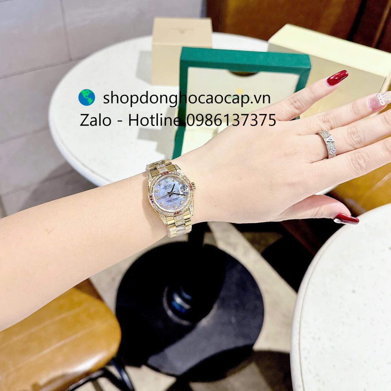 Đồng hồ RoLex Datejust nữ dây vàng gold mặt xà cừ tím xanh đính đá size 31mm, Rolex Quartz nữ siêu cấp