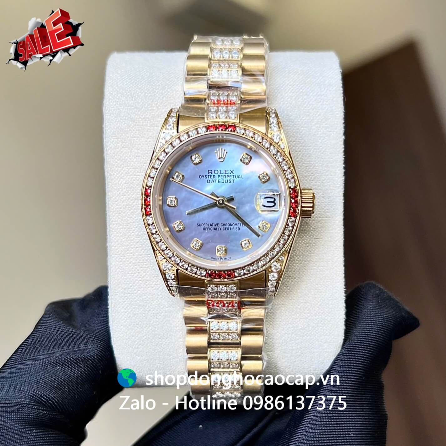 Đồng hồ RoLex Datejust nữ dây vàng gold mặt xà cừ tím xanh đính đá size 31mm, Rolex Quartz nữ siêu cấp