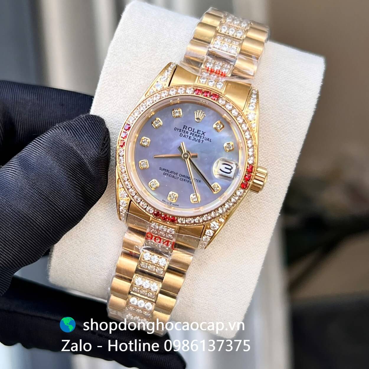 Đồng hồ RoLex Datejust nữ dây vàng gold mặt xà cừ tím xanh đính đá size 31mm, Rolex Quartz nữ siêu cấp