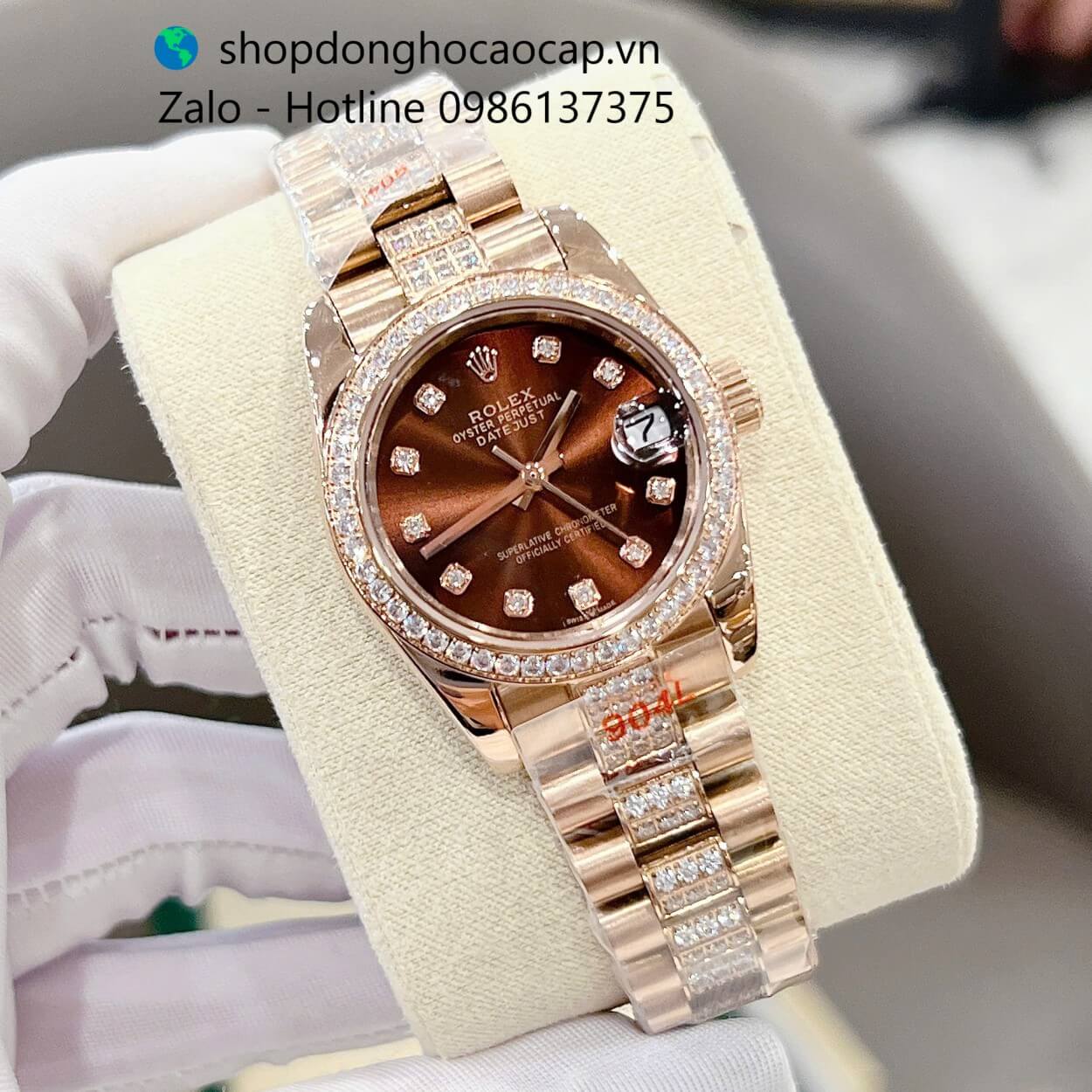 Đồng hồ RoLex Datejust nữ dây vàng hồng mặt nâu đính đá size 32mm, Rolex Quartz nữ siêu cấp