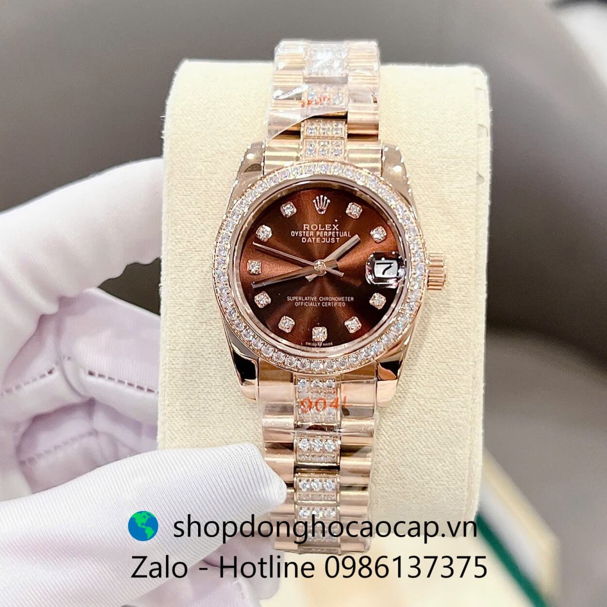 Đồng hồ RoLex Datejust nữ dây vàng hồng mặt nâu đính đá size 32mm, Rolex Quartz nữ siêu cấp