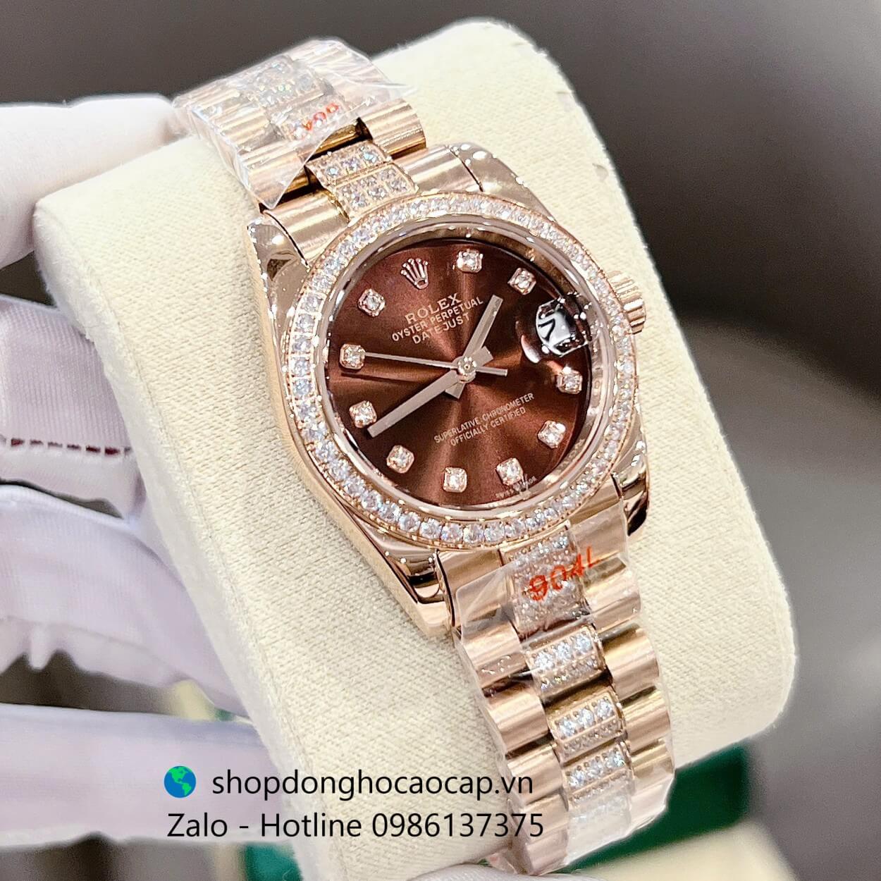 Đồng hồ RoLex Datejust nữ dây vàng hồng mặt nâu đính đá size 32mm, Rolex Quartz nữ siêu cấp