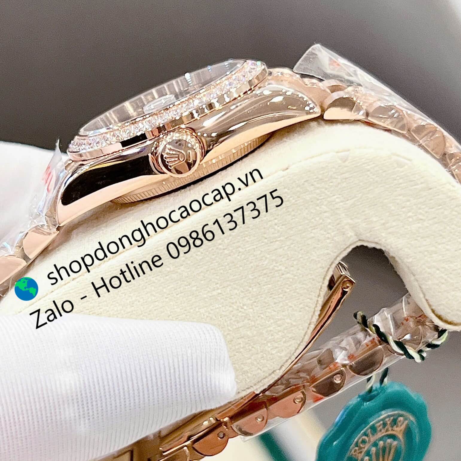 Đồng hồ RoLex Datejust nữ dây vàng hồng mặt nâu đính đá size 32mm, Rolex Quartz nữ siêu cấp