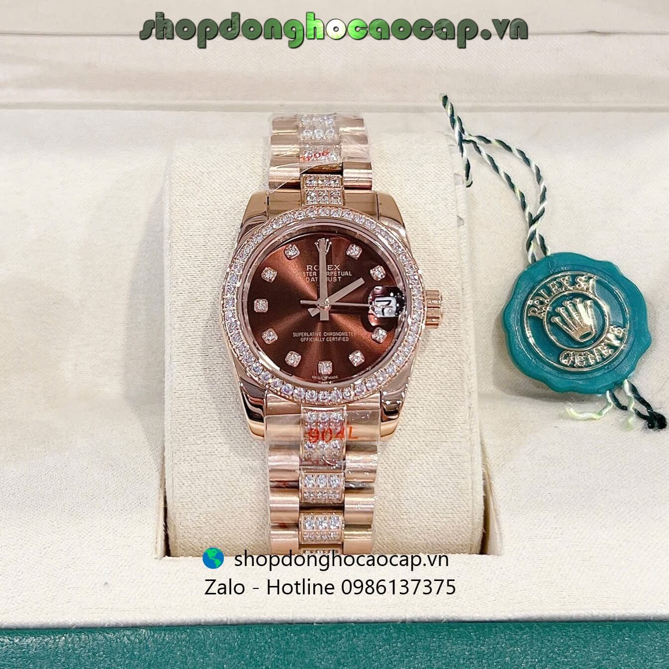 Đồng hồ RoLex Datejust nữ dây vàng hồng mặt nâu đính đá size 32mm, Rolex Quartz nữ siêu cấp