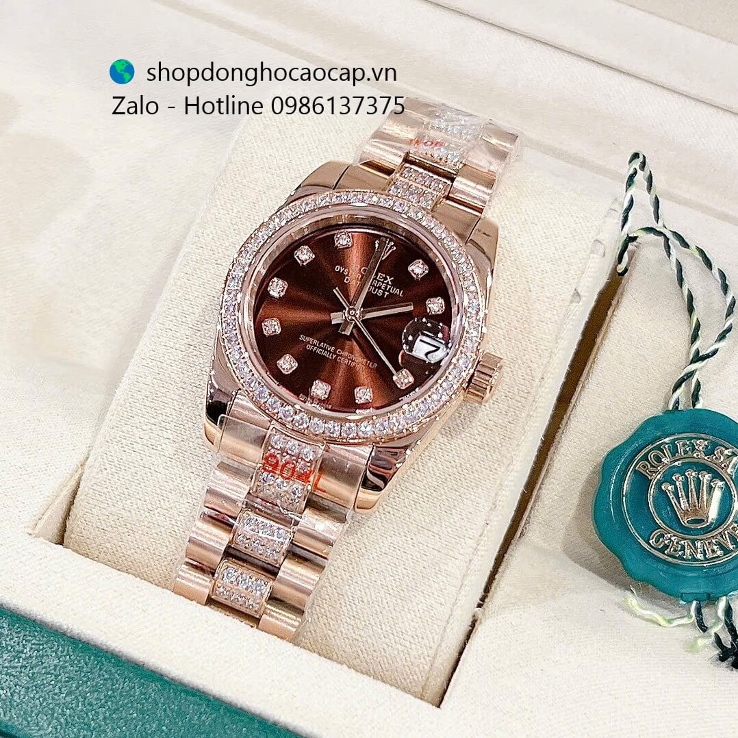 Đồng hồ RoLex Datejust nữ dây vàng hồng mặt nâu đính đá size 32mm, Rolex Quartz nữ siêu cấp