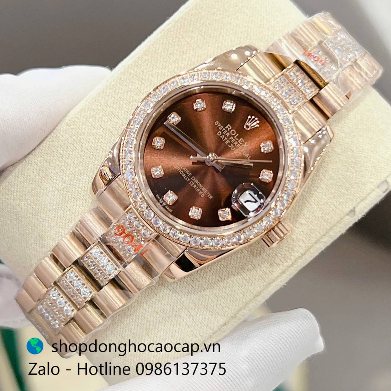 Đồng hồ RoLex Datejust nữ dây vàng hồng mặt nâu đính đá size 32mm, Rolex Quartz nữ siêu cấp