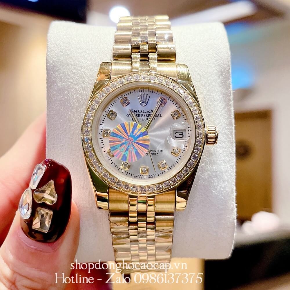 Đồng Hồ Rolex Datejust Nữ Dây Vàng Mặt Trắng Viền Đá 32mm