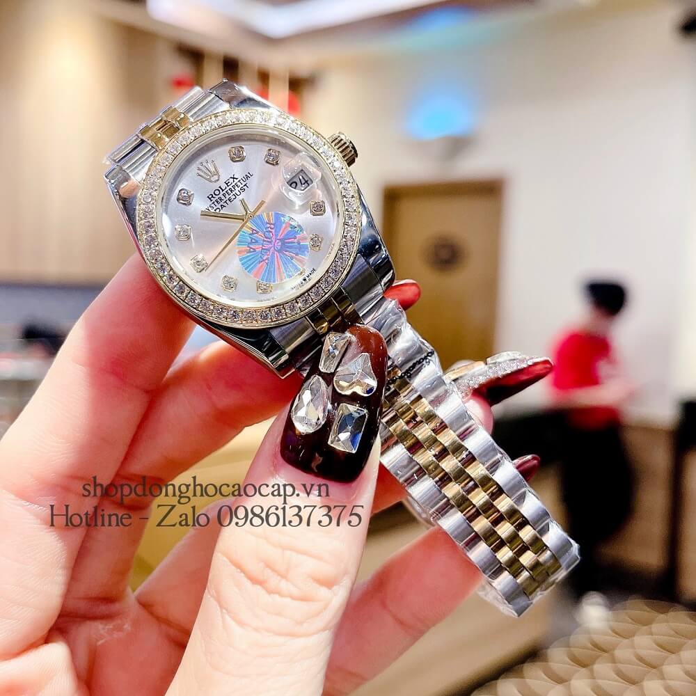 Đồng Hồ Rolex Datejust Nữ Demi Gold Mặt Trắng Viền Đá 32mm