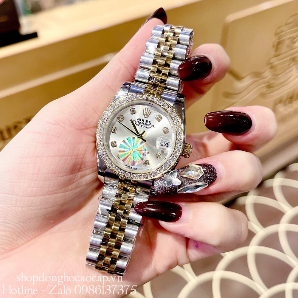 Đồng Hồ Rolex Datejust Nữ Demi Gold Mặt Trắng Viền Đá 32mm