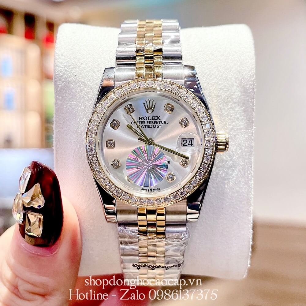 Đồng Hồ Rolex Datejust Nữ Demi Gold Mặt Trắng Viền Đá 32mm
