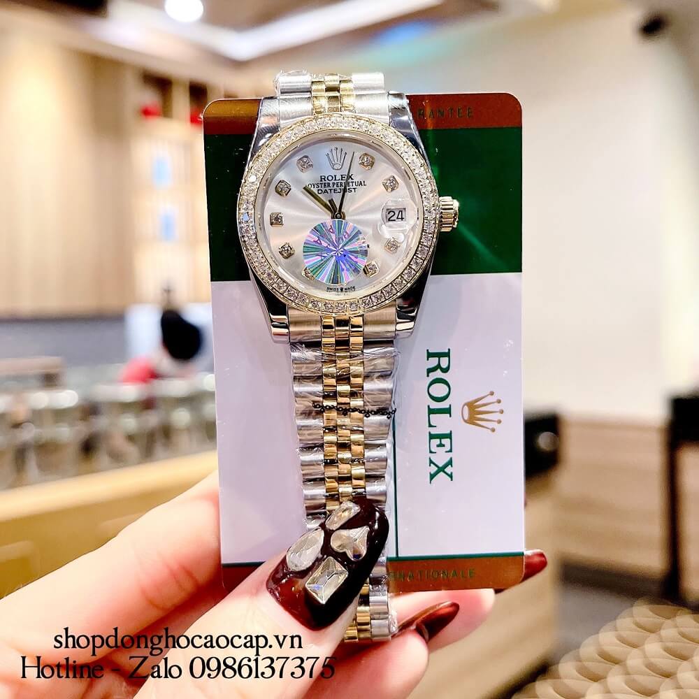 Đồng Hồ Rolex Datejust Nữ Demi Gold Mặt Trắng Viền Đá 32mm