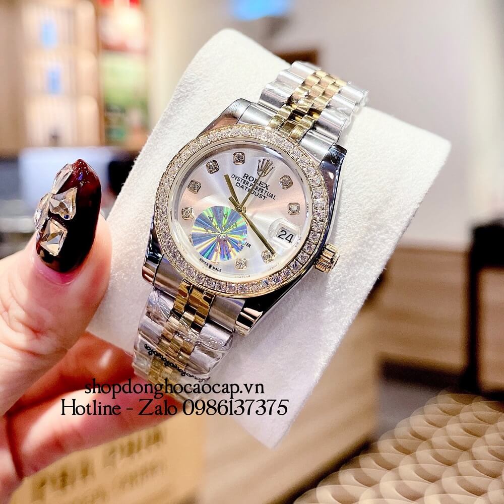 Đồng Hồ Rolex Datejust Nữ Demi Gold Mặt Trắng Viền Đá 32mm