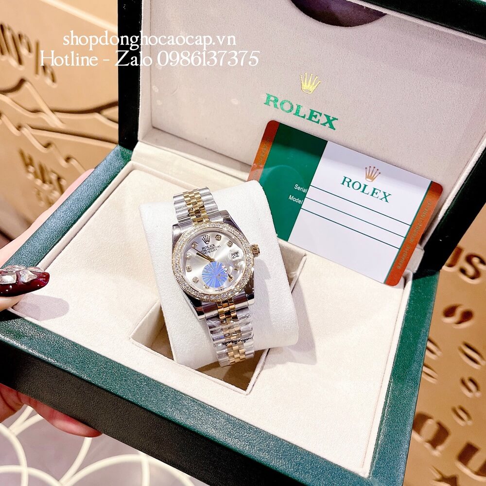 Đồng Hồ Rolex Datejust Nữ Demi Gold Mặt Trắng Viền Đá 32mm