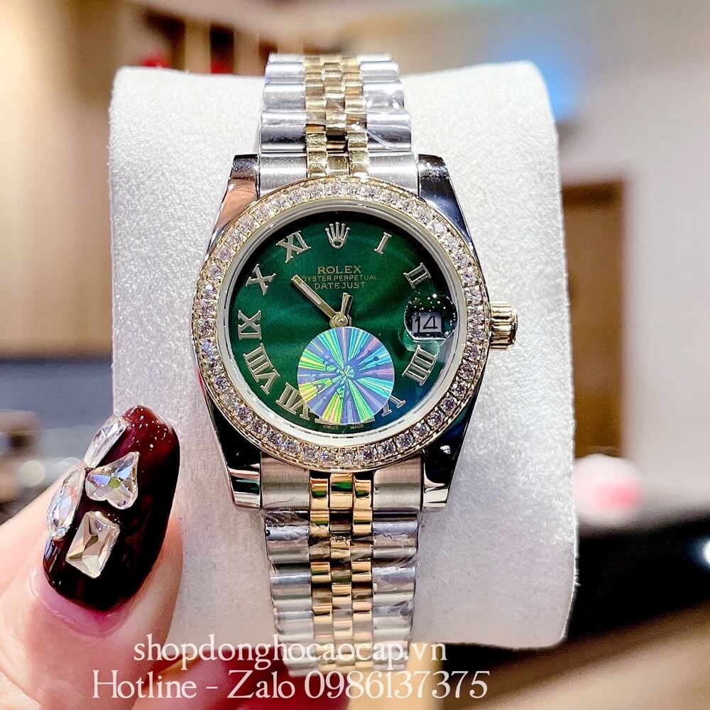 Đồng Hồ Rolex Datejust Nữ Demi Gold Mặt Xanh La Mã Viền Đá 32mm