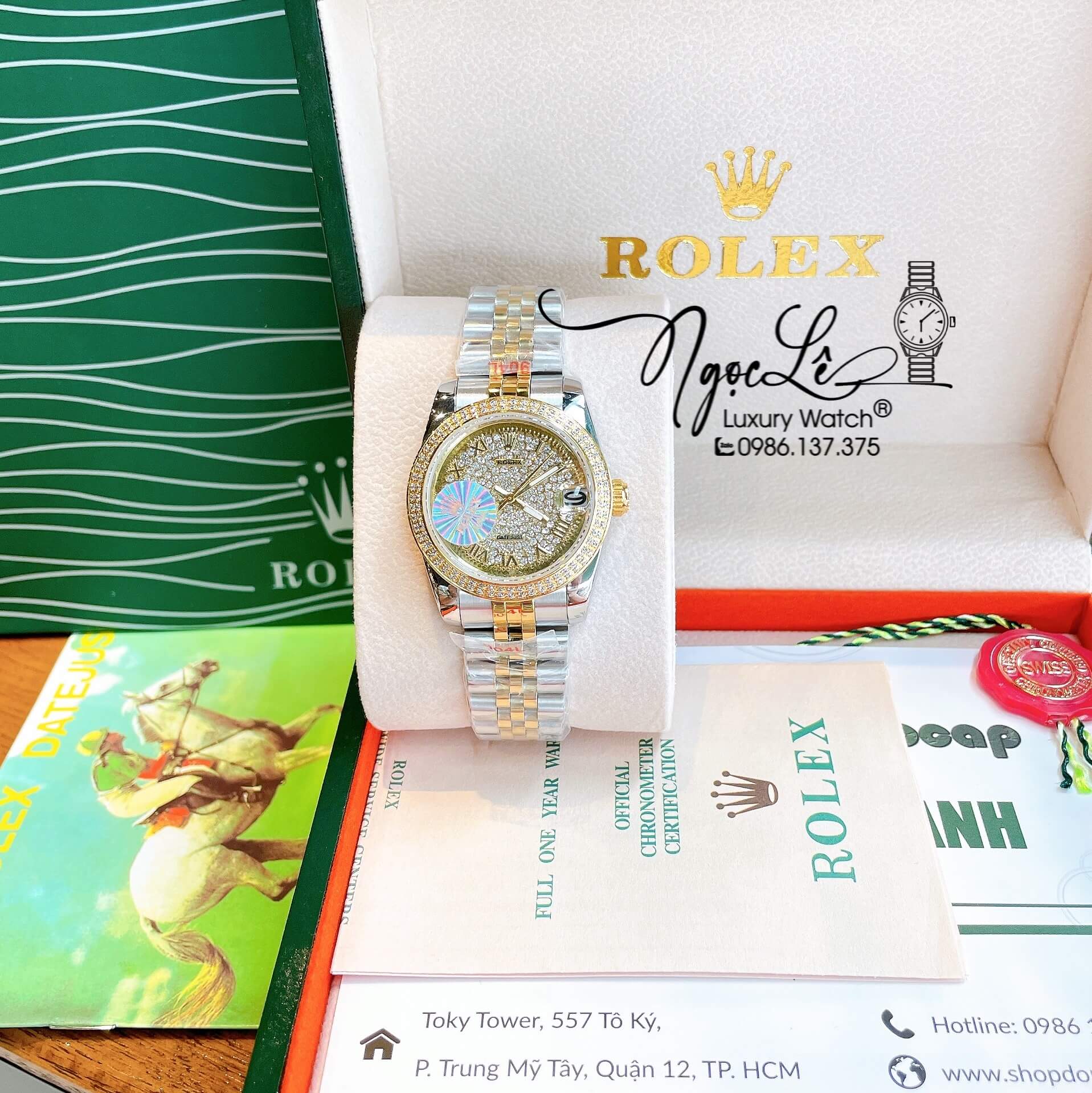 Đồng Hồ Rolex Datejust Nữ Máy Pin Dây Kim Loại Demi Vàng Đính Đá Size 31mm