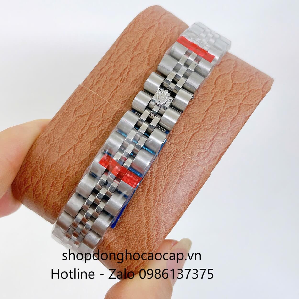 Đồng Hồ Rolex Datejust Nữ Máy Pin Dây Kim Loại Bạc Mặt Xám Size 28mm Viền Khía
