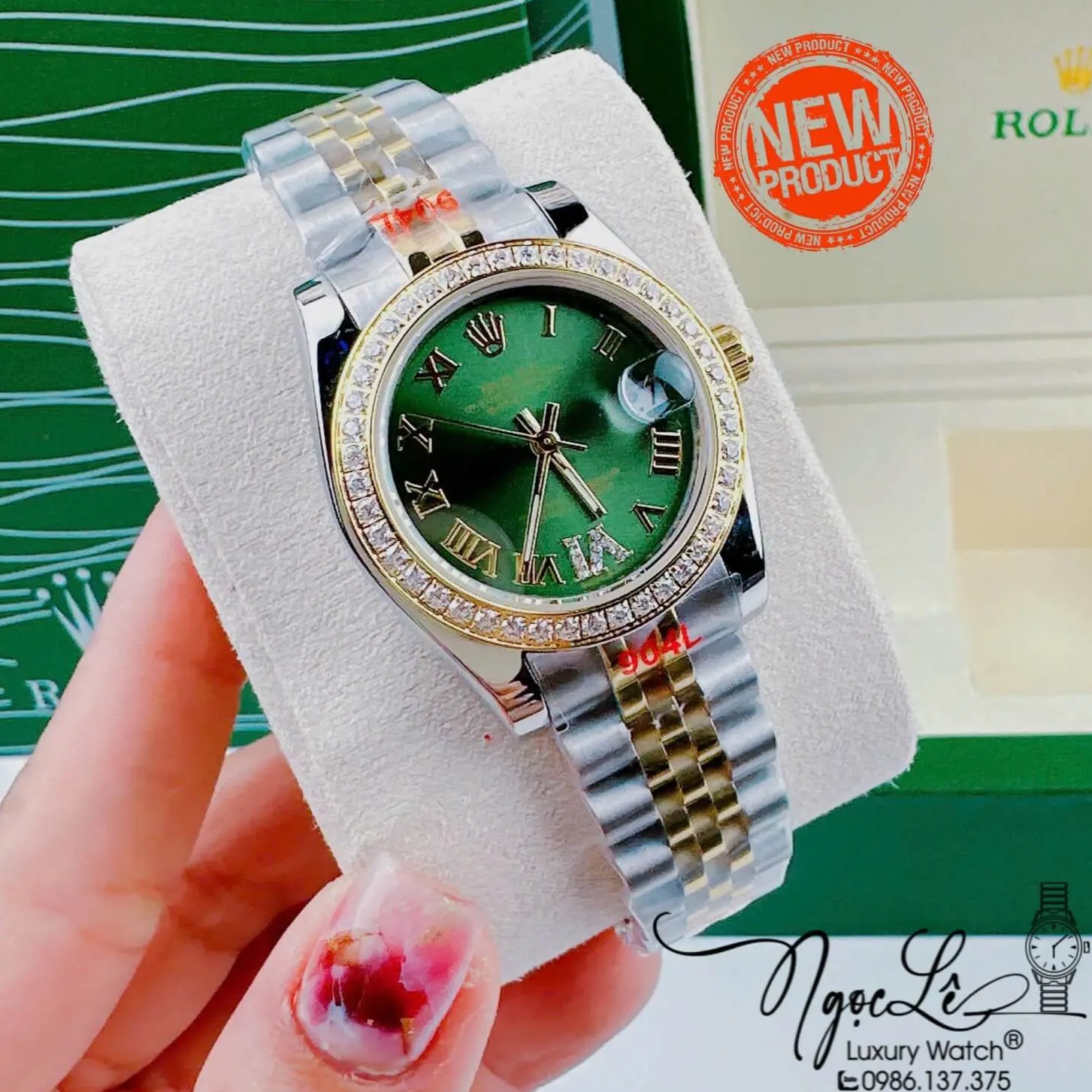 Đồng Hồ Rolex Datejust Nữ Quartz Dây Demi Gold Mặt Xanh Đính Đá Size 31mm