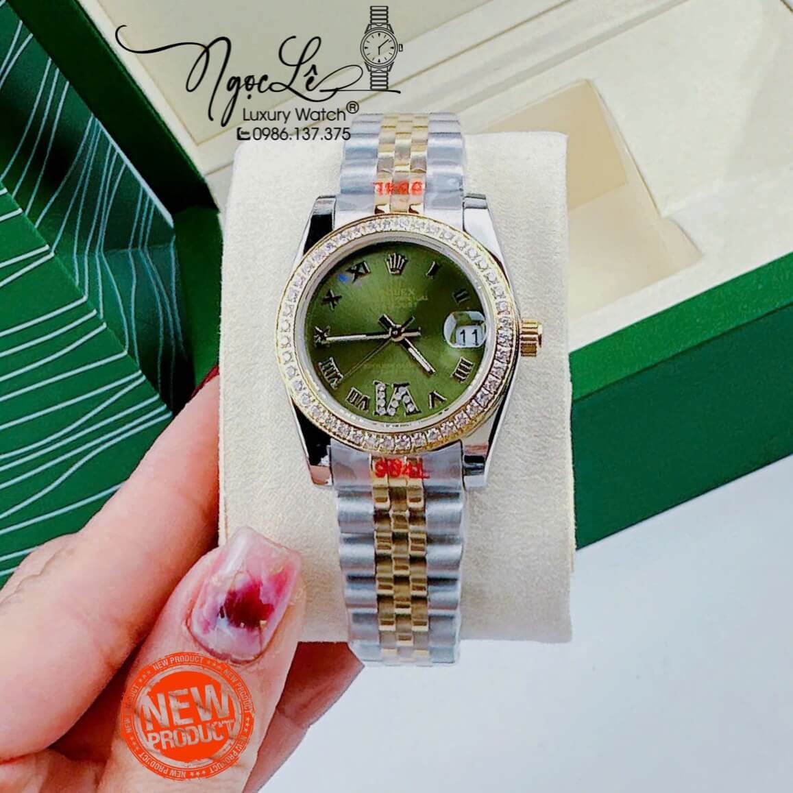 Đồng Hồ Rolex Datejust Nữ Quartz Dây Demi Gold Mặt Xanh Oliu Đính Đá Size 31mm