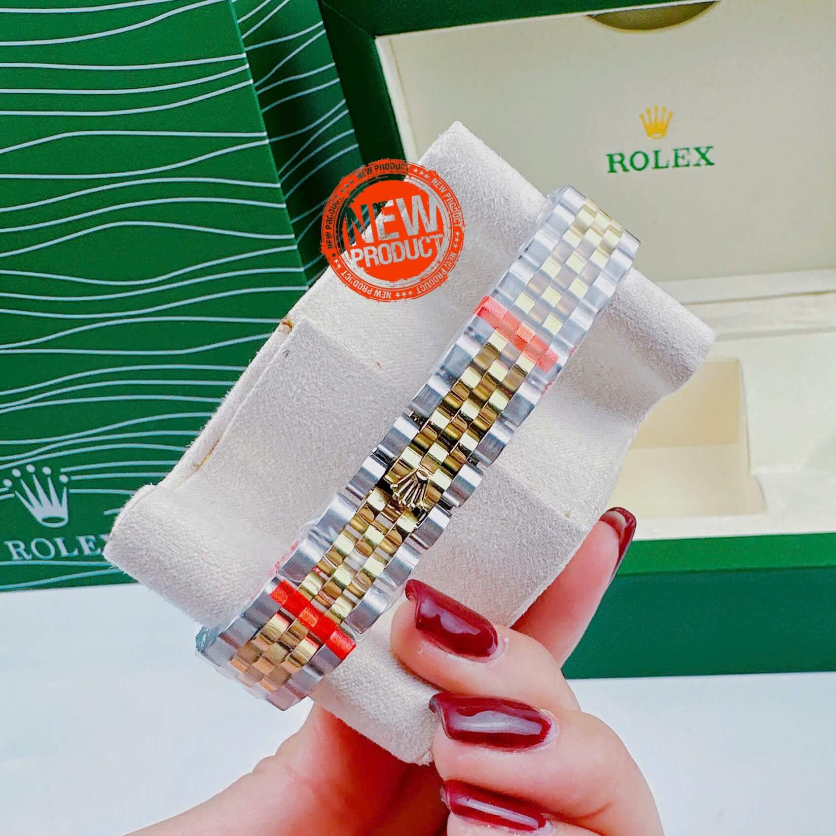Đồng Hồ Rolex Datejust Nữ Quartz Dây Kim Loại Demi Gold Mặt Xanh Đính Đá Size 31mm