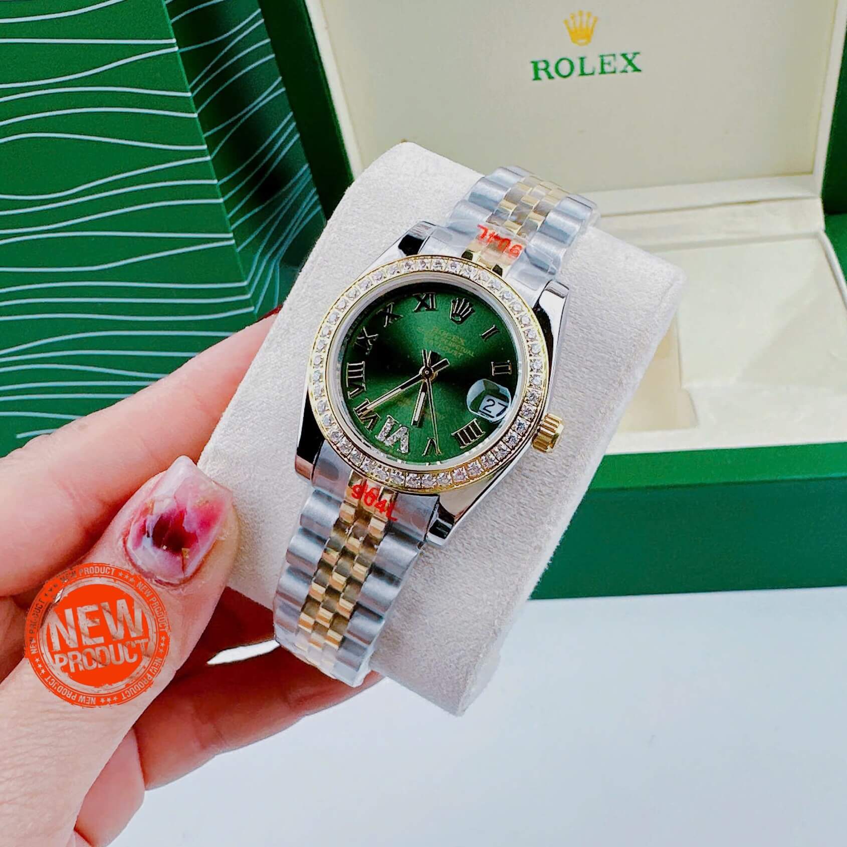 Đồng Hồ Rolex Datejust Nữ Quartz Dây Demi Gold Mặt Xanh Đính Đá Size 31mm