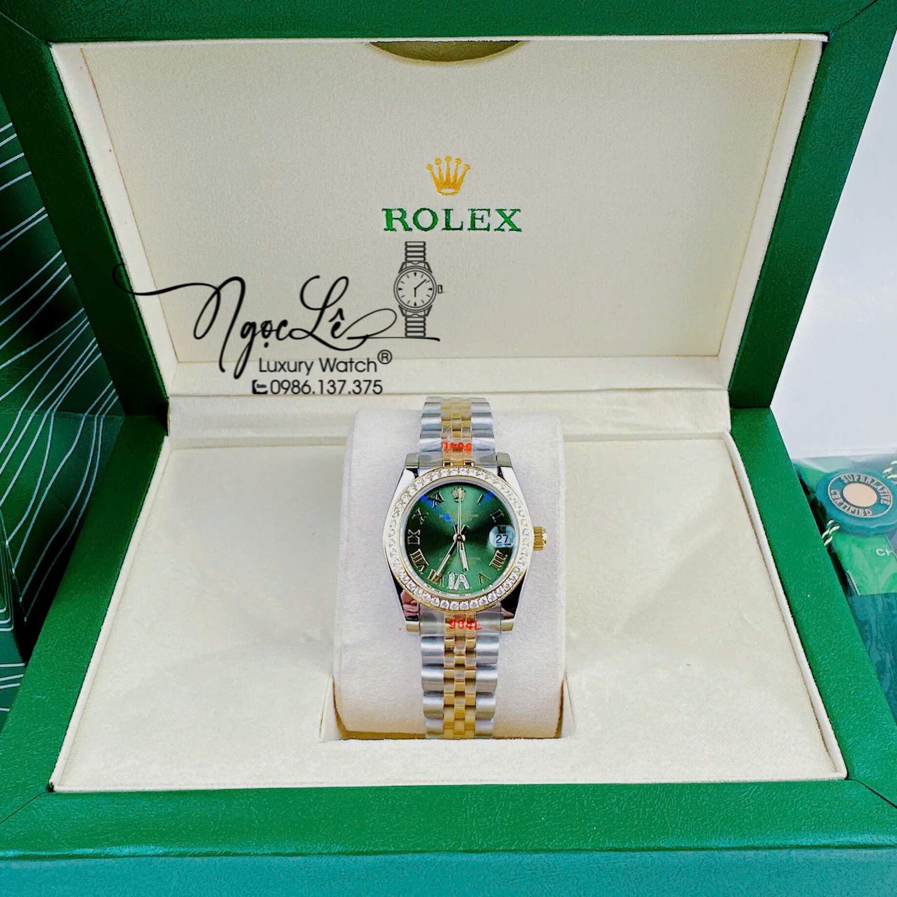 Đồng Hồ Rolex Datejust Nữ Quartz Dây Demi Gold Mặt Xanh Đính Đá Size 31mm