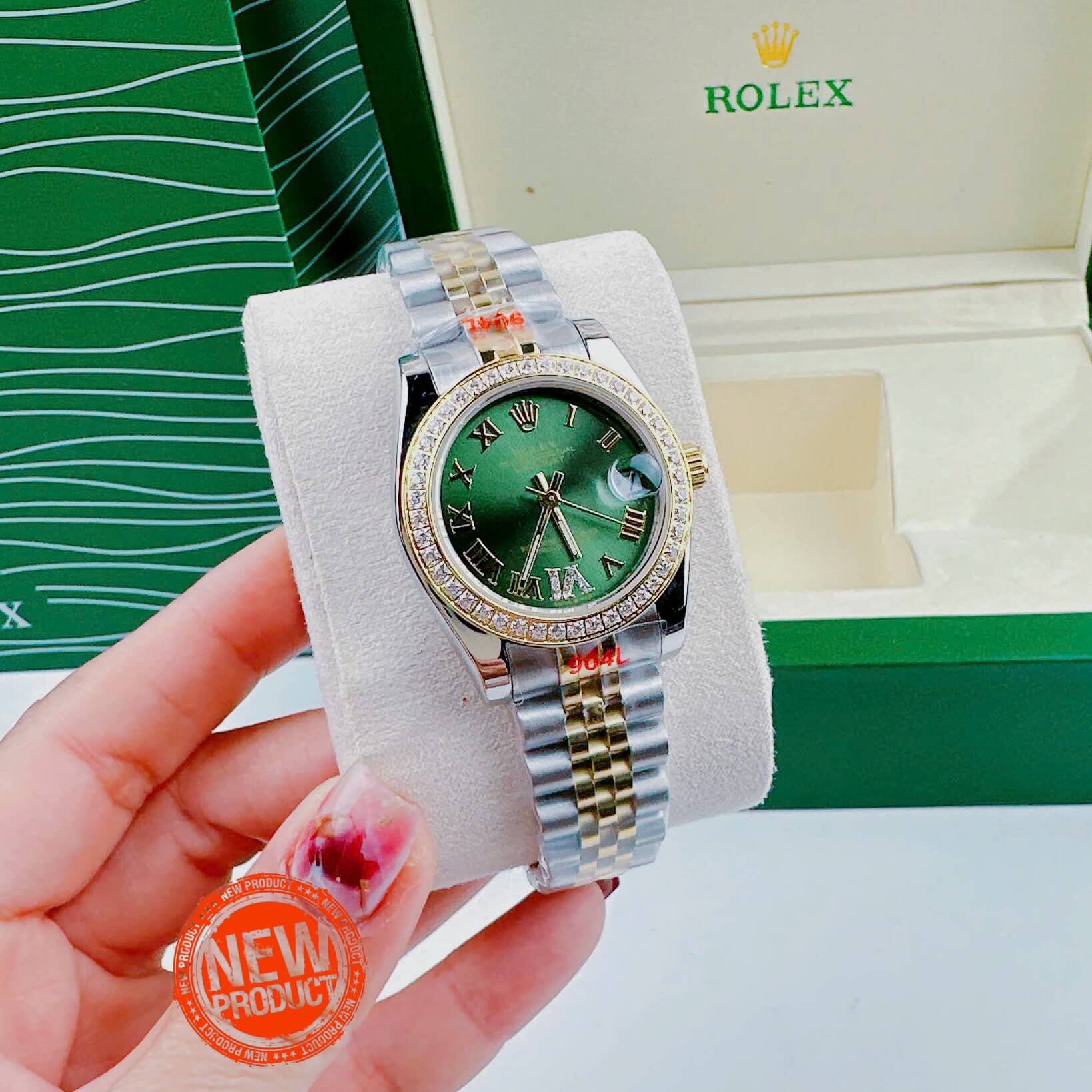 Đồng Hồ Rolex Datejust Nữ Quartz Dây Demi Gold Mặt Xanh Đính Đá Size 31mm