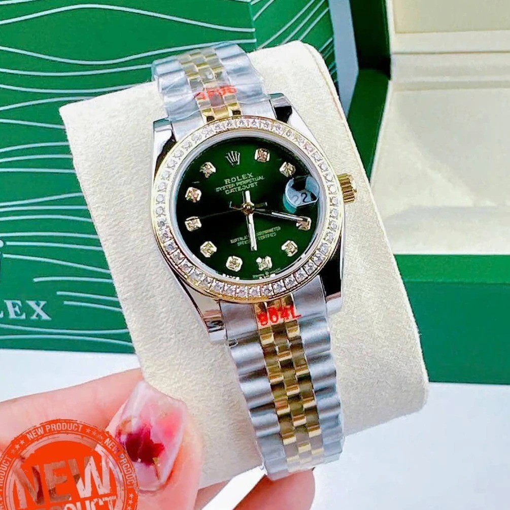 Đồng Hồ Rolex Datejust Nữ Quartz Dây Kim Loại Demi Gold Mặt Xanh Rêu Đính Đá Size 31mm