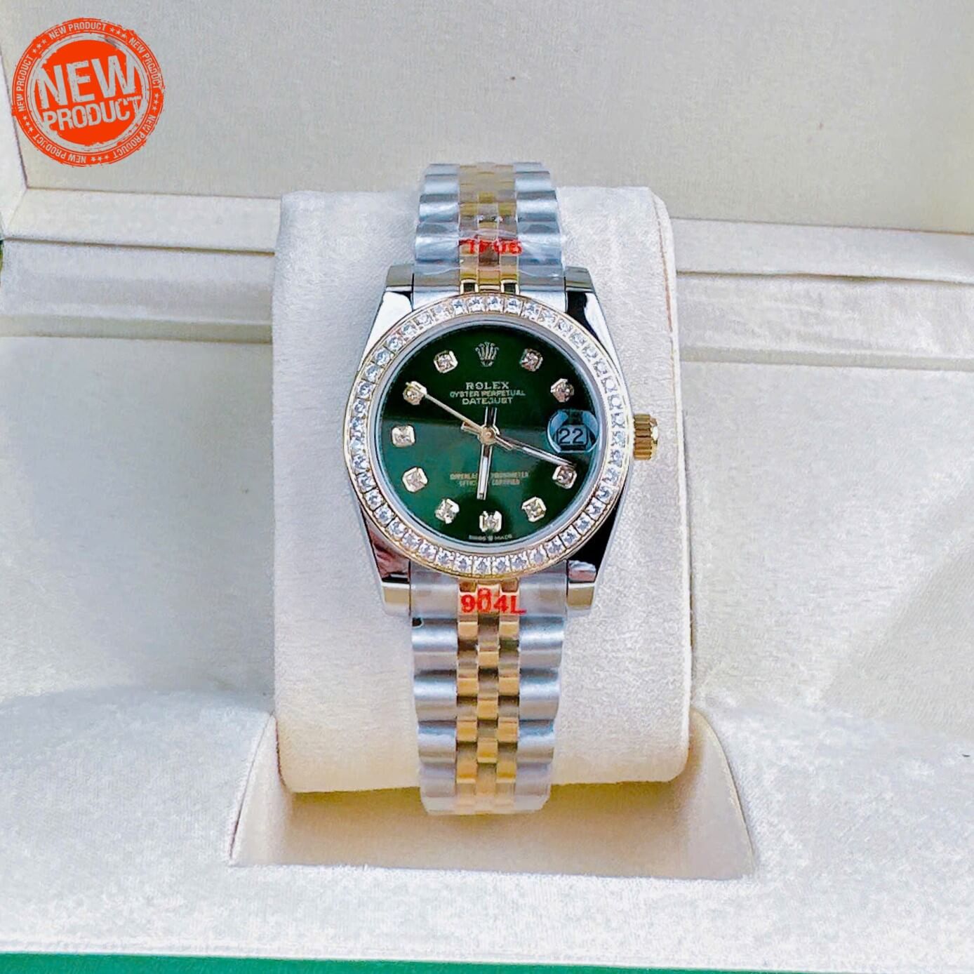 Đồng Hồ Rolex Datejust Nữ Quartz Dây Kim Loại Demi Gold Mặt Xanh Đính Đá Size 31mm
