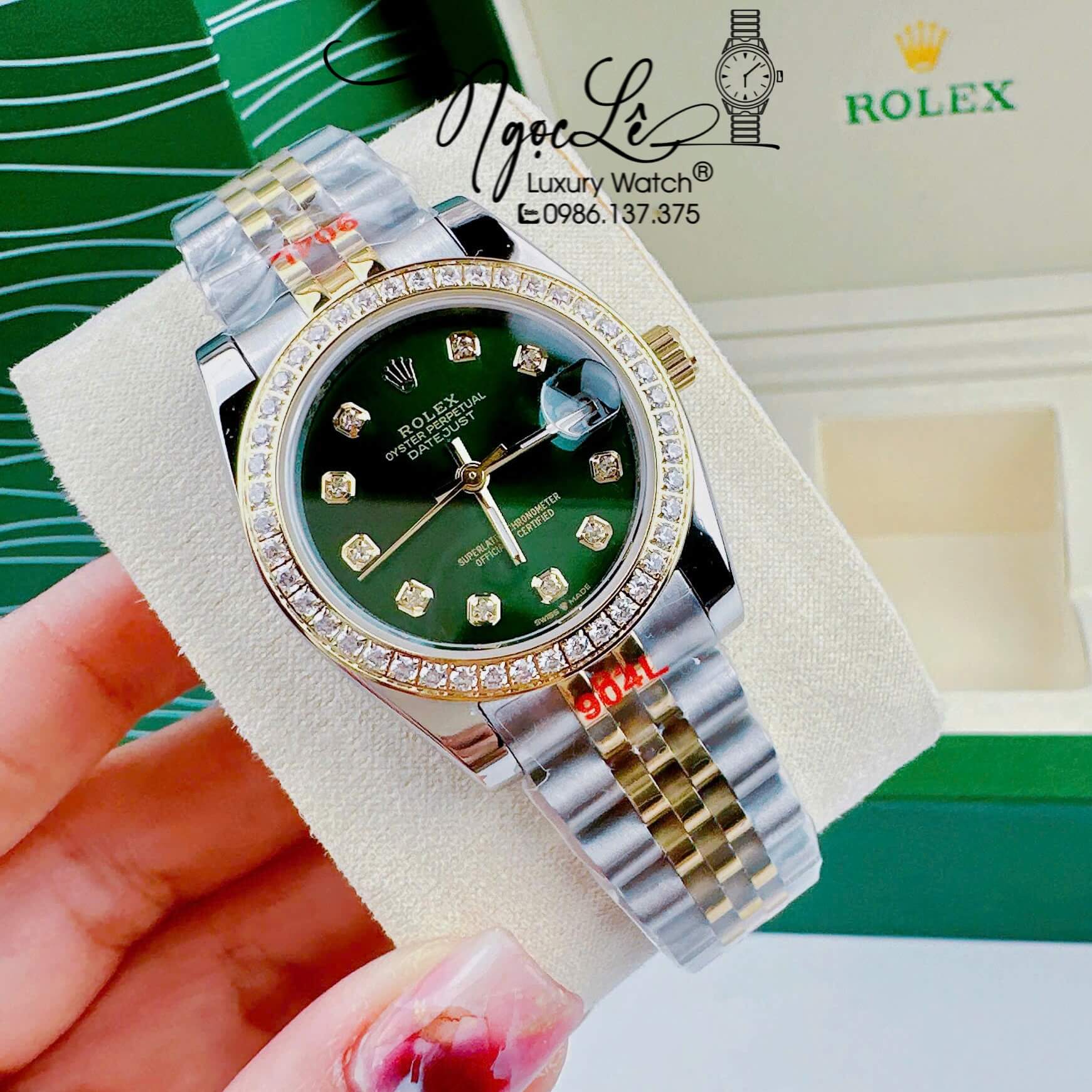 Đồng Hồ Rolex Datejust Nữ Quartz Dây Kim Loại Demi Gold Mặt Xanh Đính Đá Size 31mm