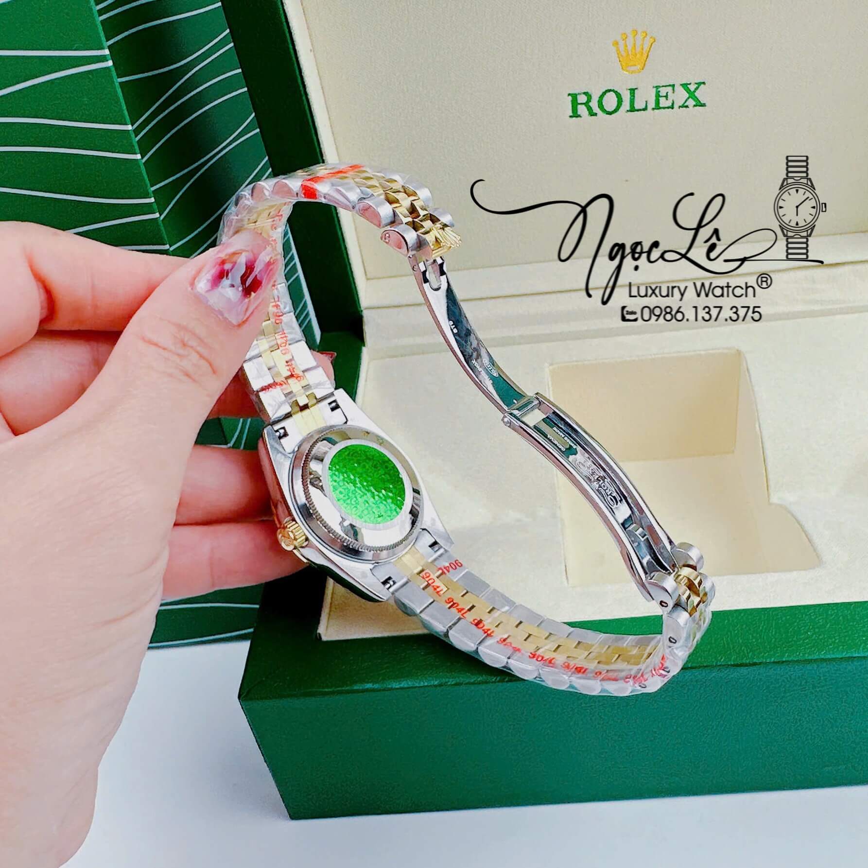 Đồng Hồ Rolex Datejust Nữ Quartz Dây Kim Loại Demi Gold Mặt Xanh Đính Đá Size 31mm