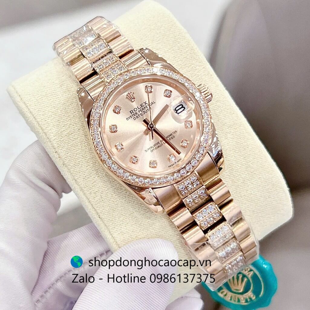 Đồng hồ RoLex Datejust nữ màu vàng hồng đính đá size 31mm, Rolex Quartz nữ siêu cấp