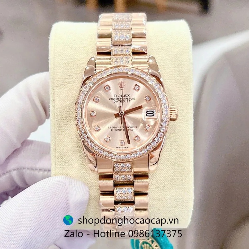 Đồng hồ RoLex Datejust nữ màu vàng hồng đính đá size 31mm, Rolex Quartz nữ siêu cấp