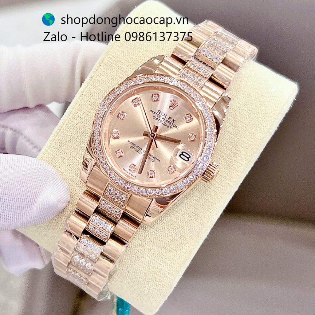 Đồng hồ RoLex Datejust nữ màu vàng hồng đính đá size 31mm, Rolex Quartz nữ siêu cấp