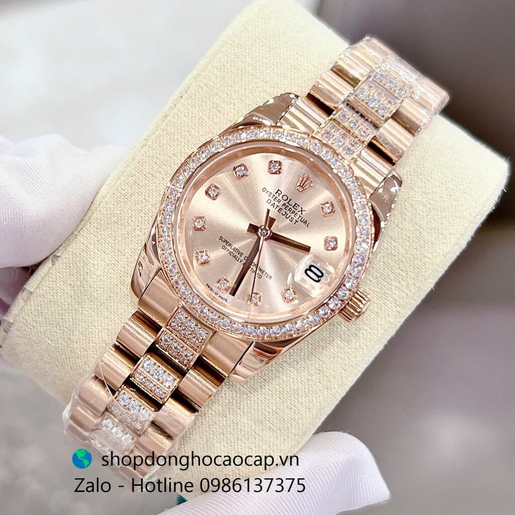 Đồng hồ RoLex Datejust nữ màu vàng hồng đính đá size 31mm, Rolex Quartz nữ siêu cấp