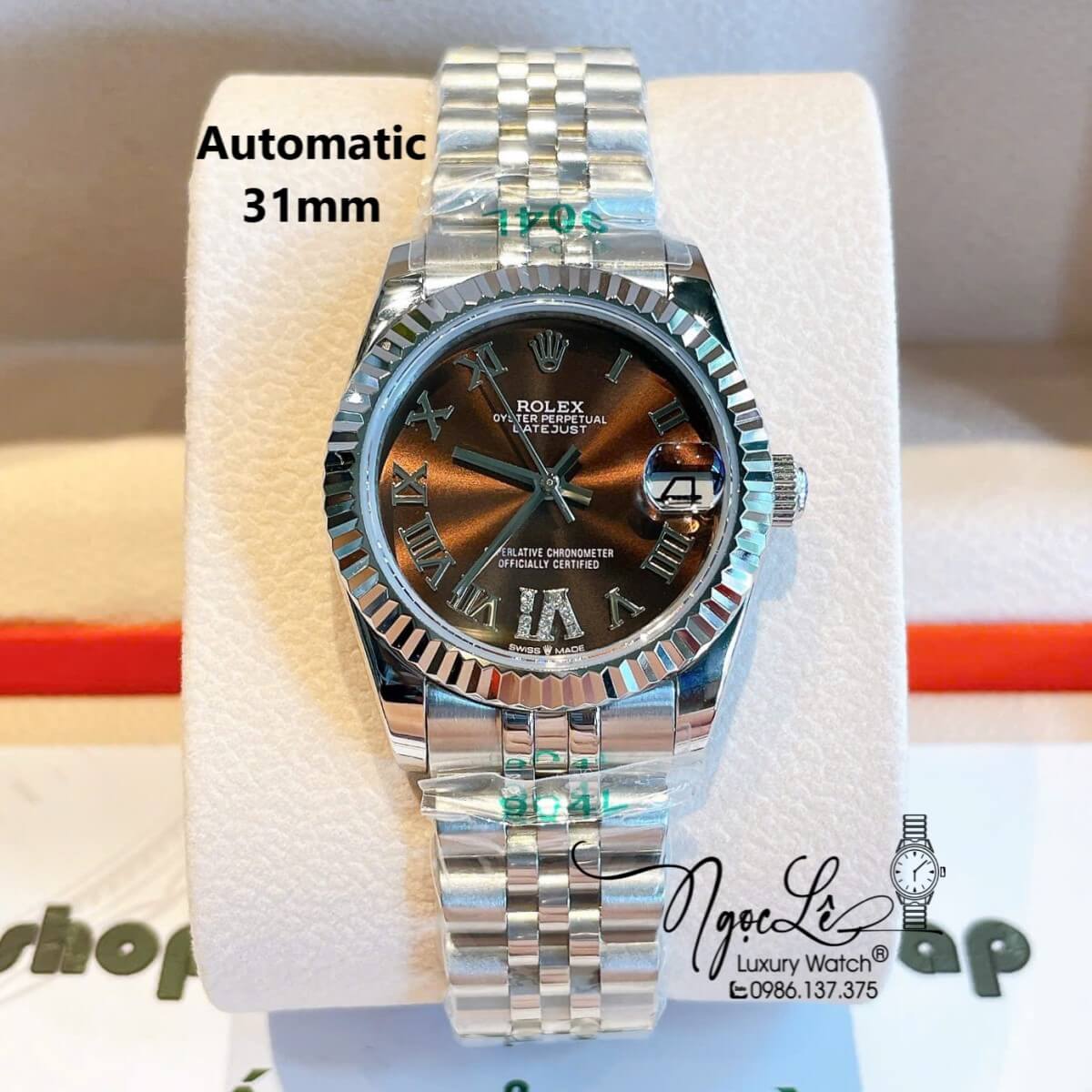 Đồng Hồ Nữ Rolex Datejust Máy Cơ Tự Động Dây Bạc Mặt Nâu Niềng Khía Size 31mm - Mặt Số La Mã
