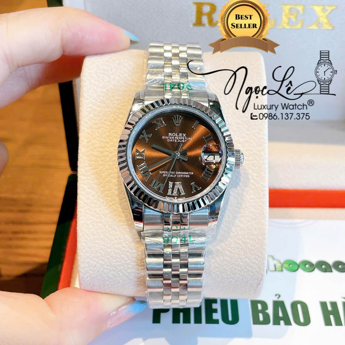 Đồng Hồ Nữ Rolex Datejust Máy Cơ Tự Động Dây Bạc Mặt Nâu Niềng Khía Size 31mm - Mặt Số La Mã