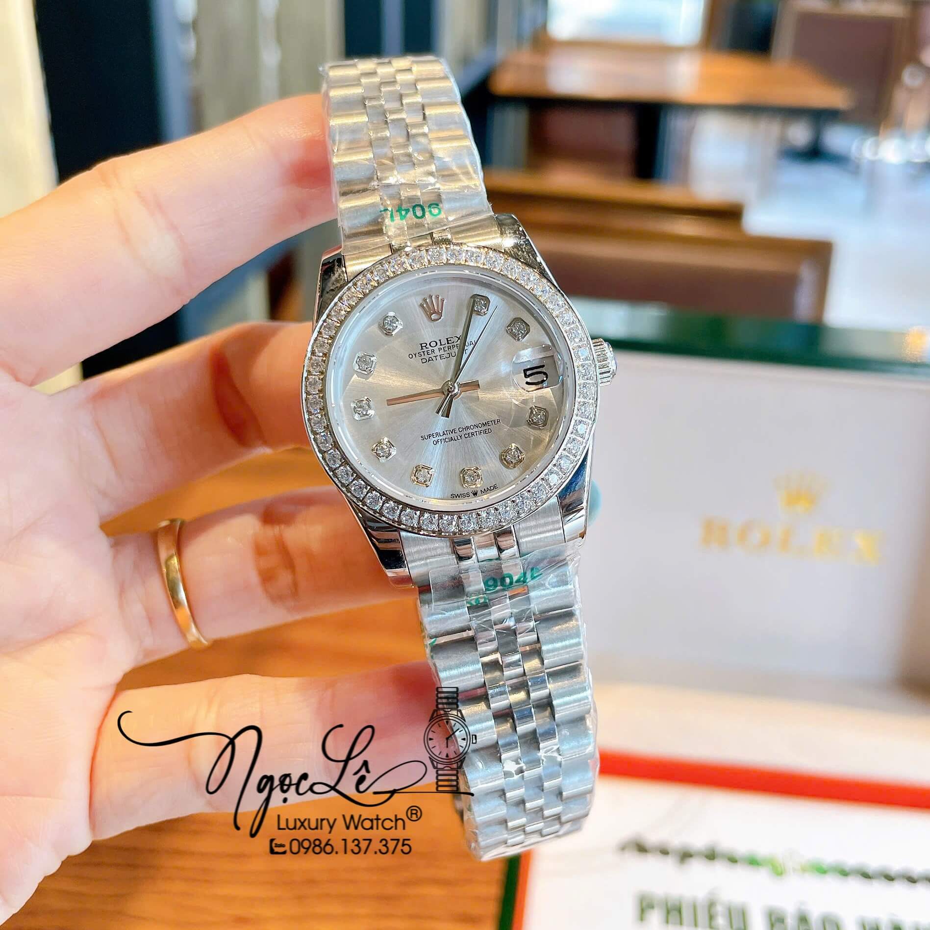 Đồng Hồ Nữ Rolex Datejust Máy Cơ Tự Động Dây Bạc Mặt Trắng Đính Đá Size 31mm - Mặt Số La Mã