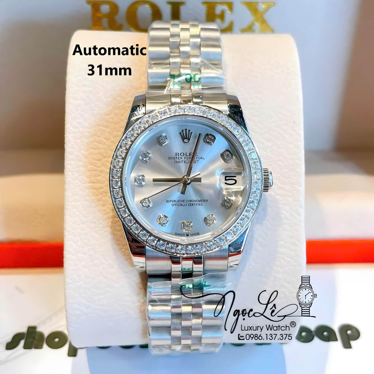 Đồng Hồ Nữ Rolex Datejust Máy Cơ Tự Động Dây Bạc Mặt Trắng Đính Đá Size 31mm