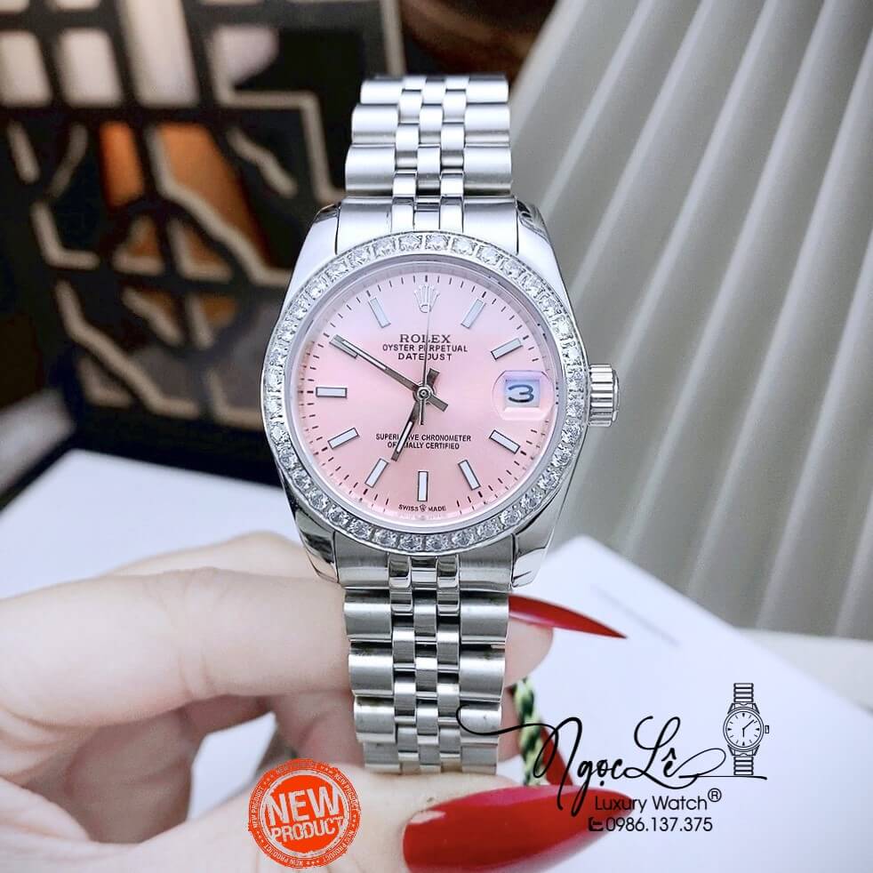 Đồng Hồ Rolex Datejust Nữ Máy Cơ Tự Động Dây Kim Loại Bạc Mặt Hồng Size 31mm