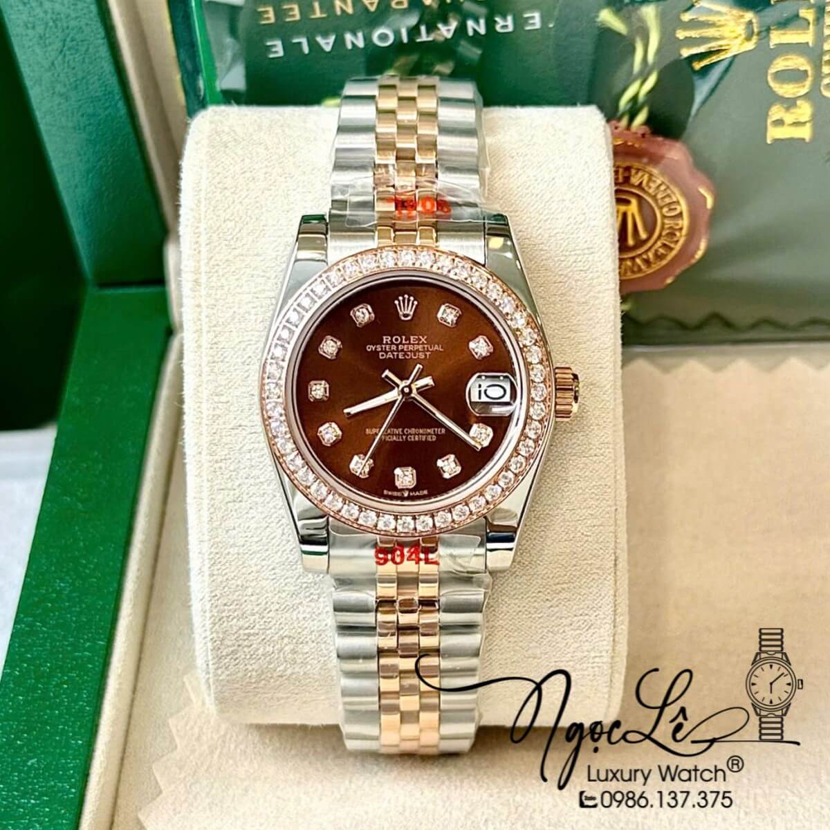 Đồng Hồ Rolex Datejust Nữ Tự Động Dây Kim Loại Demi Rose Mặt Nâu Đính Đá Size 31mm