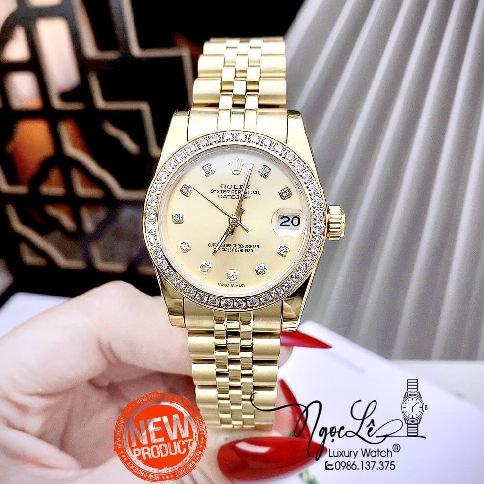 Đồng Hồ Rolex Datejust Nữ Máy Cơ Tự Động Dây Kim Loại Vàng Mặt Vàng Size 31mm