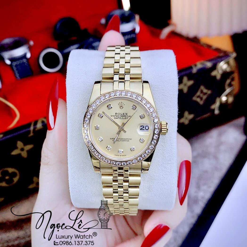 Đồng Hồ Rolex Datejust Nữ Máy Cơ Tự Động Dây Kim Loại Vàng Mặt Vàng Size 31mm