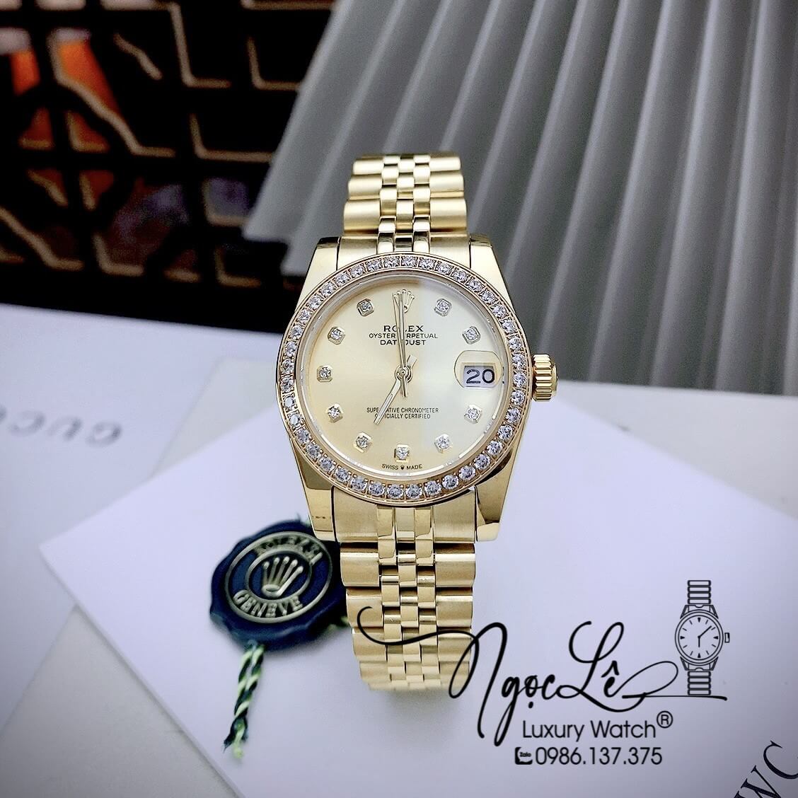 Đồng Hồ Rolex Datejust Nữ Máy Cơ Tự Động Dây Kim Loại Vàng Mặt Vàng Size 31mm