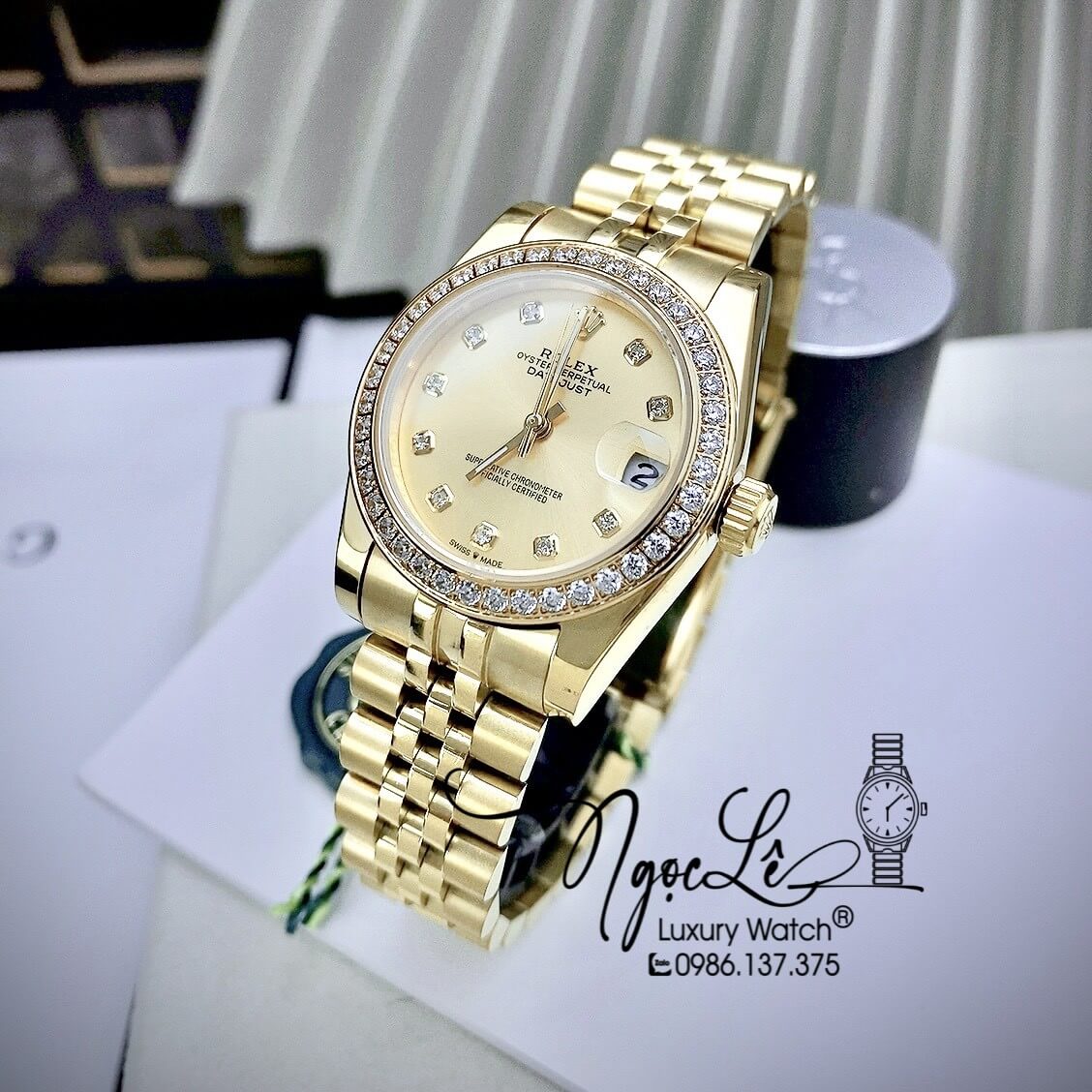 Đồng Hồ Rolex Datejust Nữ Máy Cơ Tự Động Dây Kim Loại Vàng Mặt Vàng Size 31mm