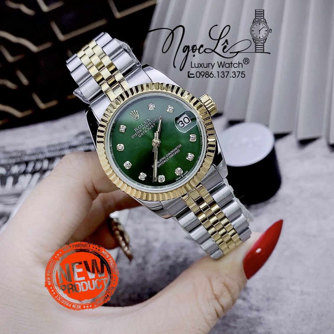 Đồng Hồ Nữ Rolex Datejust Automatic Dây Kim Loại Demi Vàng Mặt Xanh Niềng Khía Size 31mm